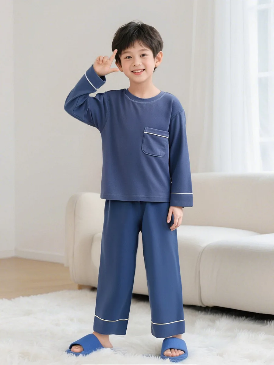 봄 가을 어린이 잠옷 세트 루즈핏 오버헤드 라운드 넥 홈웨어 남아 여아용 순색..