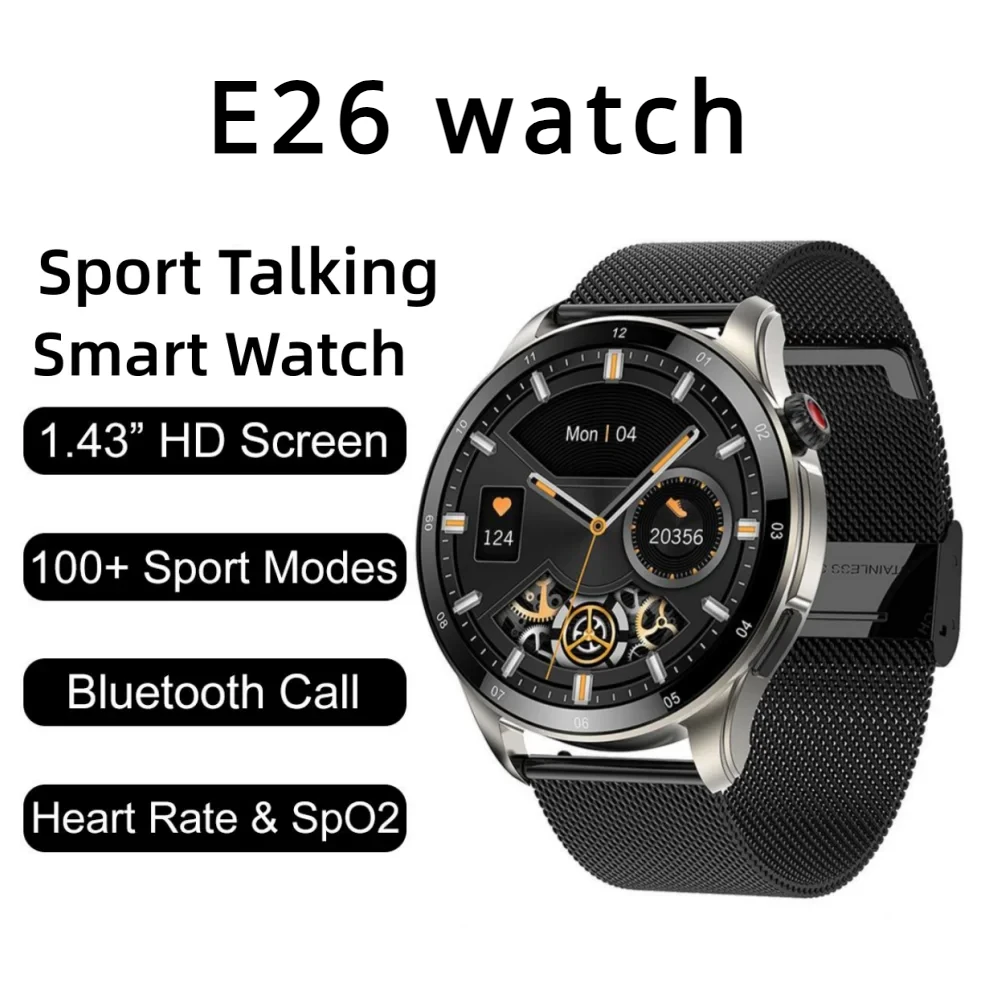 

2024 New E26 Smart Watch for Men 1.43” HD Bluetooth Call Heart Rate Blood Pressure Smartwatch 100+Sports Modes for Android