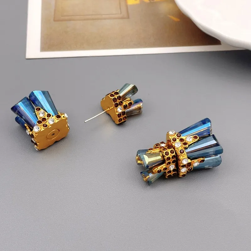 French Socialite Style Luxury Hyperbole Crystal Front And Rear Style Stud Earrings Women Ceremonial Dress Match Earring Jewelry