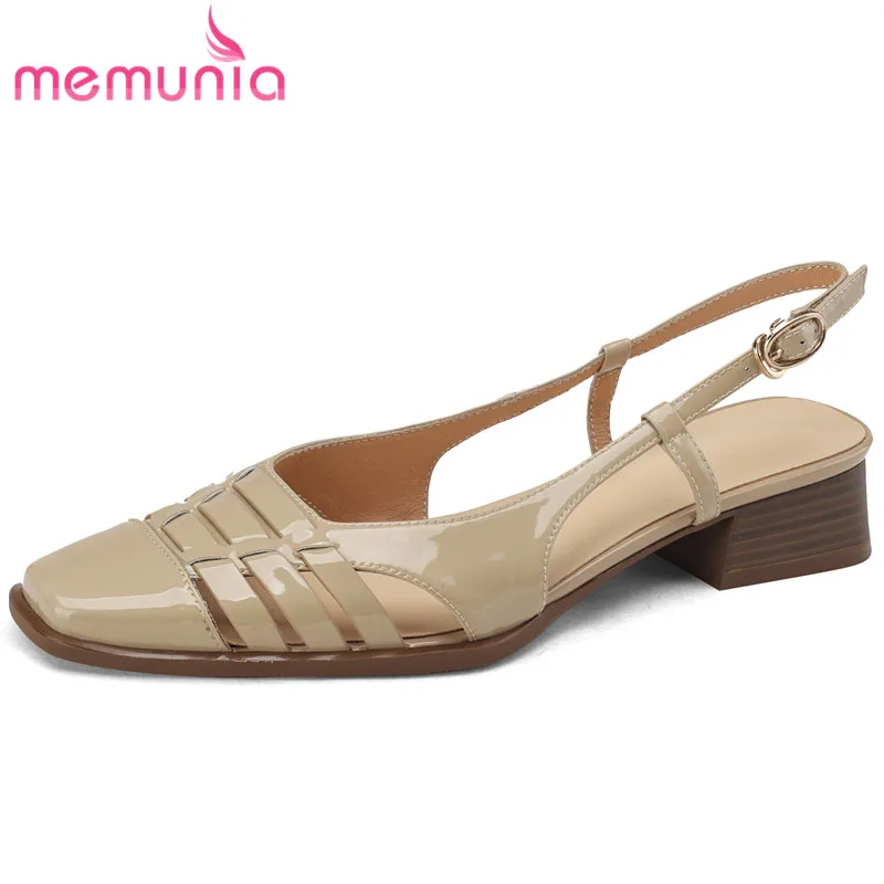 

MEMUNIA 2023 New Genuine Leather Slingbacks Sandals Back Strap Ladies Buckle Sandals Square Med Heels Summer Shoes