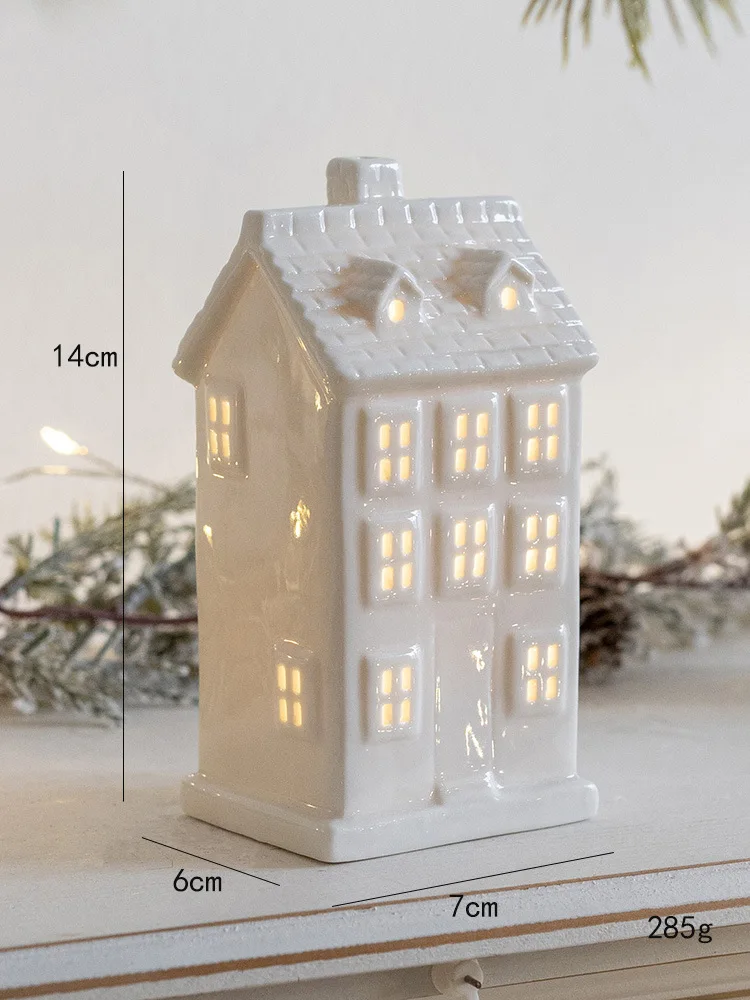 White Porcelain Christmas LED Lighted White Houses Decor Miniature Christmas Village Houses Snowflake Glowing Castle