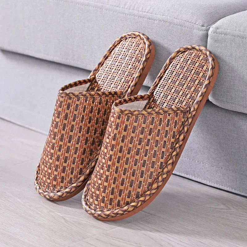 Bamboo Weaving Home Linen Slippers Summer Cooling Woven Rattan Sandals Indoor Non-slip Unisex Bedroom Shoes