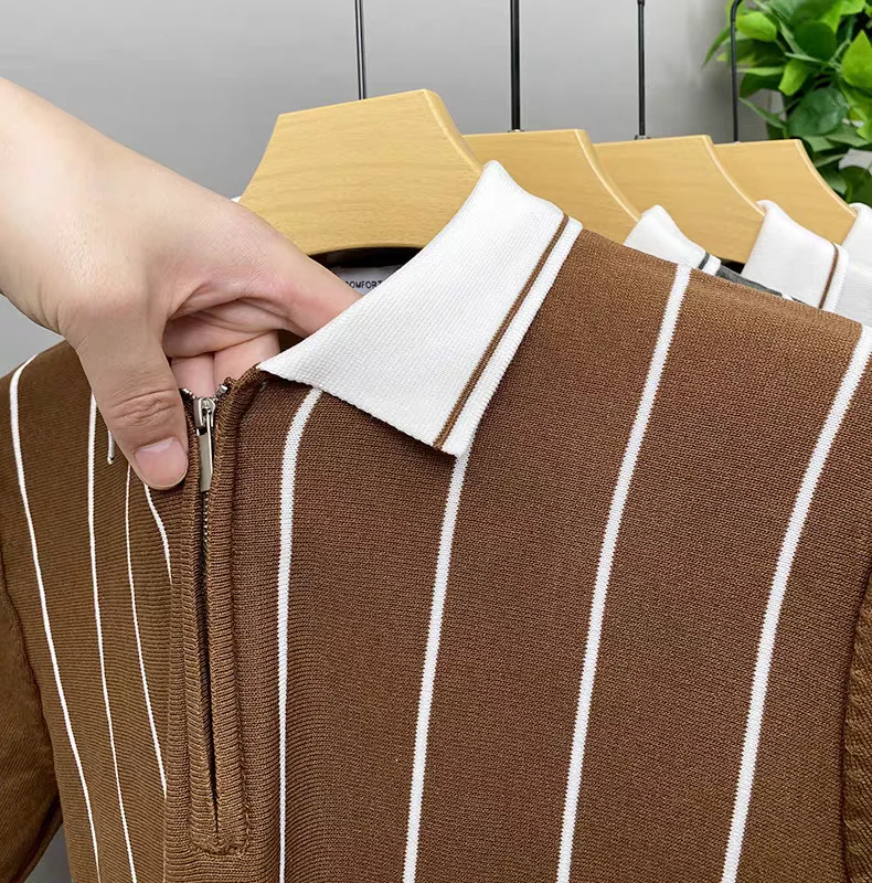 High quality summer knitted short sleeve polo shirt fashion half zipper lapel T-shirt vertical stripes comfort casual men's wear 11 Sc4db12da4d784dcbadf05f18554df2ebE