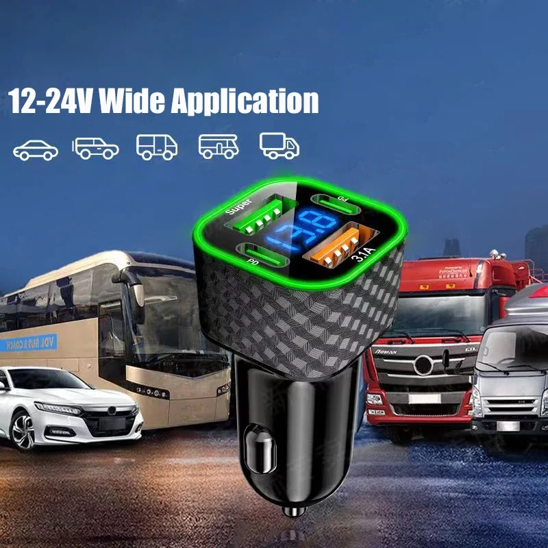 UYUXIO Dual USB C Car Charger with Voltage Display 4 in 1 for iPhone Samsung Xiaomi Oppo Vivo Huawei charger adapter fast charger battery charger adapter power supply adapter
