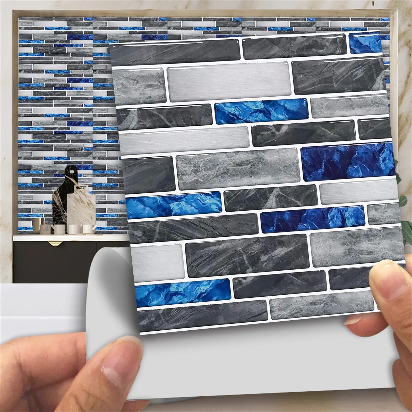 10pcs Flat Marble Mosaic Embossing Tiles Sticker Kitchen Bathroom Wall Decals Peel & Stick Waterproof Tile Art Wallpaper