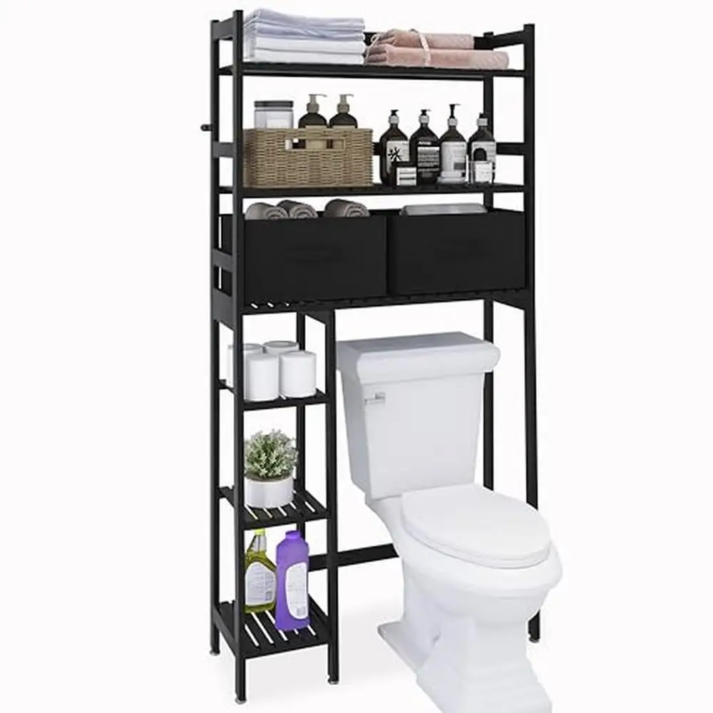 

6-Tier Bamboo Over-The-Toilet Storage Organizer with 2 Drawers and Side Shelves Stable Freestanding Bathroom Rack Essentials and