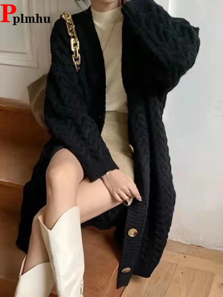 

Korean Fashion Thick Knitwears Gilet Long Sleeve Casual Sweater Women New Fall Winter Coats Loose Mid-lenght Knitted Cardigans
