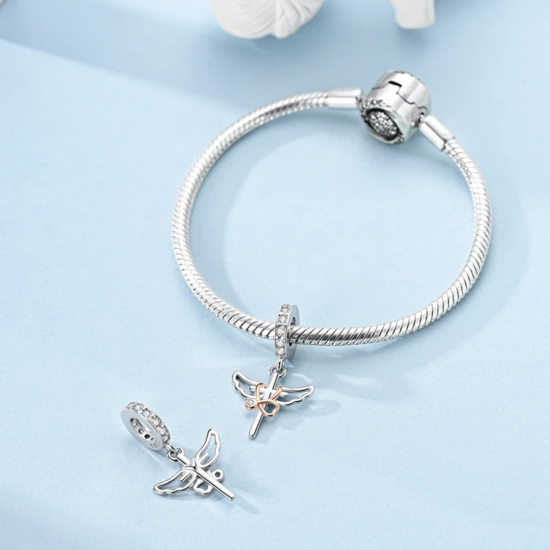 Charms aus 925er-Sterlingsilber, Perlen-Anhänger, fliegendes Ferkel, Kreuzigung, Hase, Roboter-Charm, passend für Original-Armbänder, Damenschmuck, Geschenk – Detail 21