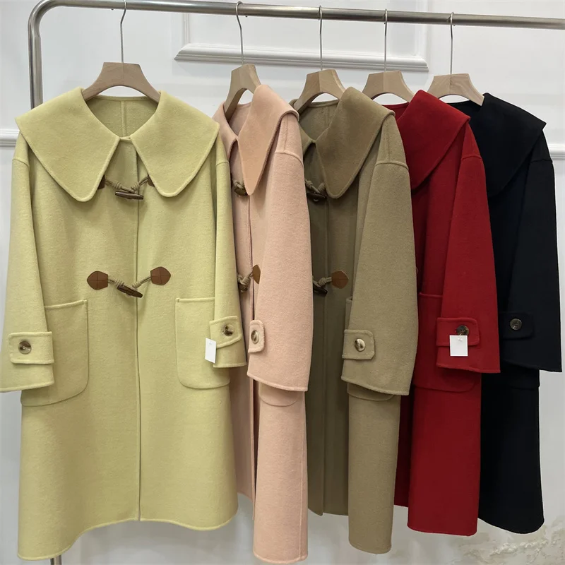 

RosEvans Handmade Horn Button Women Double-sided Wool Coat Female Yellow Long Lapel Wool Warm Autumn Winter Loose Women Jacket
