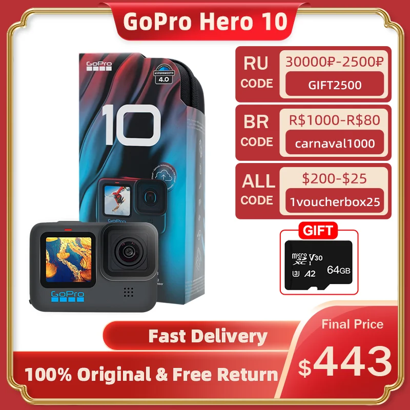 Подводная мини-экшн-Камера GoPro HERO10 10 м 5 3 K 60FPS 23MP цветной экран Спортивная 1080P