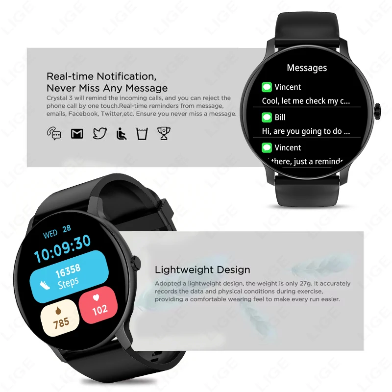 LIGE Nuovo Smartwatch con Schermo Touch Completo, Braccialetto Fitness Sportivo Impermeabile, Chiamate Bluetooth, per Uomini e Donne, Compatibile con Android e iOS - immagine 2