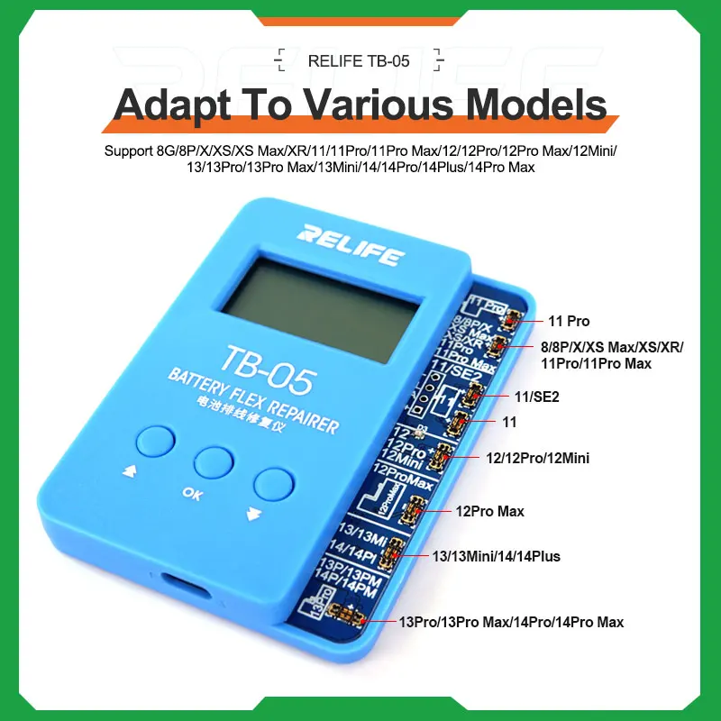 

RELIFE TB-05 Battery cable repair instrument Support 8P-14Pro Max read data Repair battery health and efficiency Type-C interfac