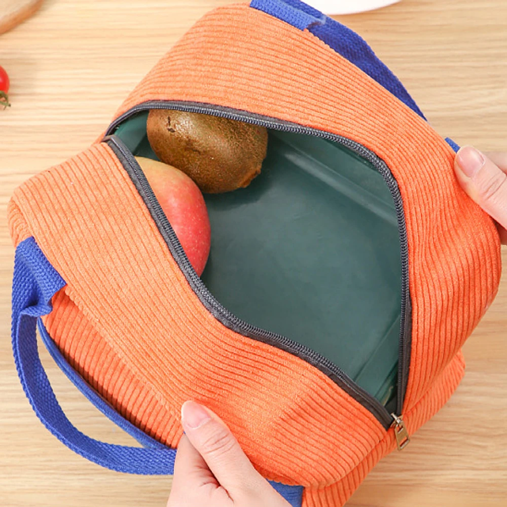 Corduroy Insulated Lunch Bags For Women Breakfast Bento Box Thermal Organizer Food Zipper Container Cooler Travel Picnic Handbag