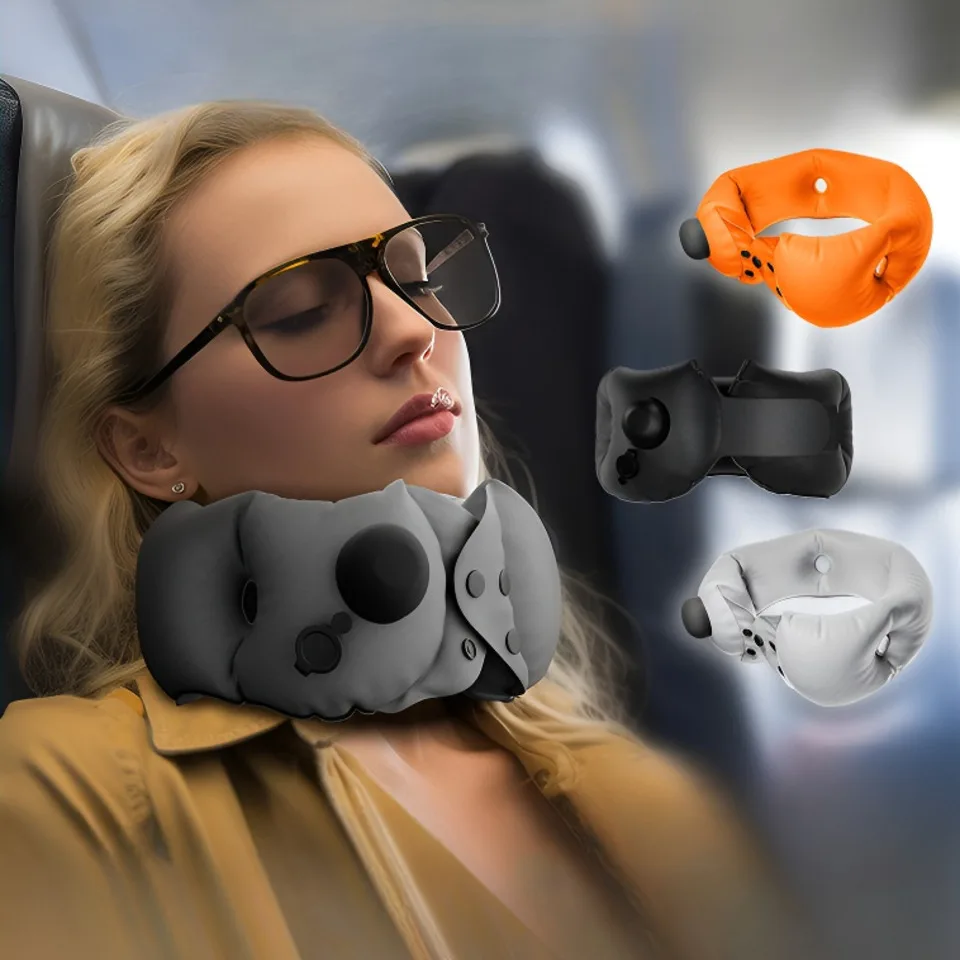 Inflatable Travel Pillow Soft Breathable Neck Headrest With Inflatable Pot 360° Support Airplane Pillow For Office Car Camping