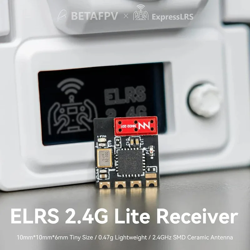 Récepteur BETAFPV ELRS Lite 2.4GHz V1.2 avec antenne plate, vue de côté, ultra-léger pour drone FPV