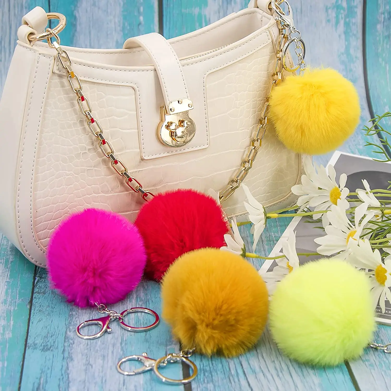 Nette schwarze Pompoms Ball Schlüsselanhänger Frauen Faux Kaninchenfell Auto Schlüsselanhänger flauschige DIY Rucksack Anhänger Charms Geschenk Schmuck Zubehör – Detail 8