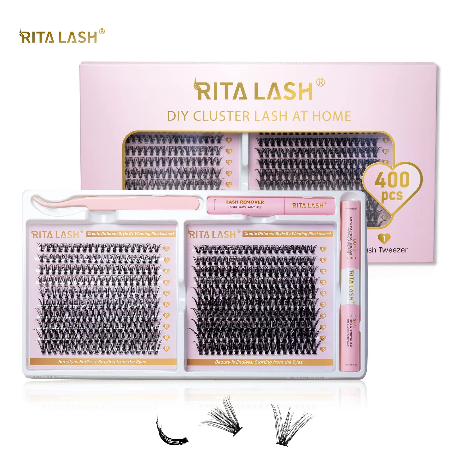 RITALASH Cluster Lash Kit lash extension kit eyelash set D Curl DIY Extension Kit with Lash Bond and Seal Cluster Remover Tweezer DIY at Home