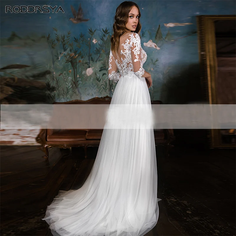 RODDRSYA Vintage Wedding Dress Women Chiffon Scoop Bridal Gown 3 4 Sleeves Zipper Back A Line Vestido De Novia Plus Size