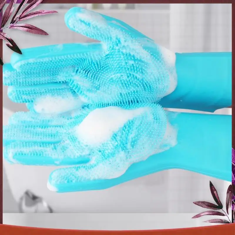 Dishwashing Gloves Pet Bath Massage Hair Removal Gloves Sky Blue & Pink Silica Gel For Washing Dishes,Reusable