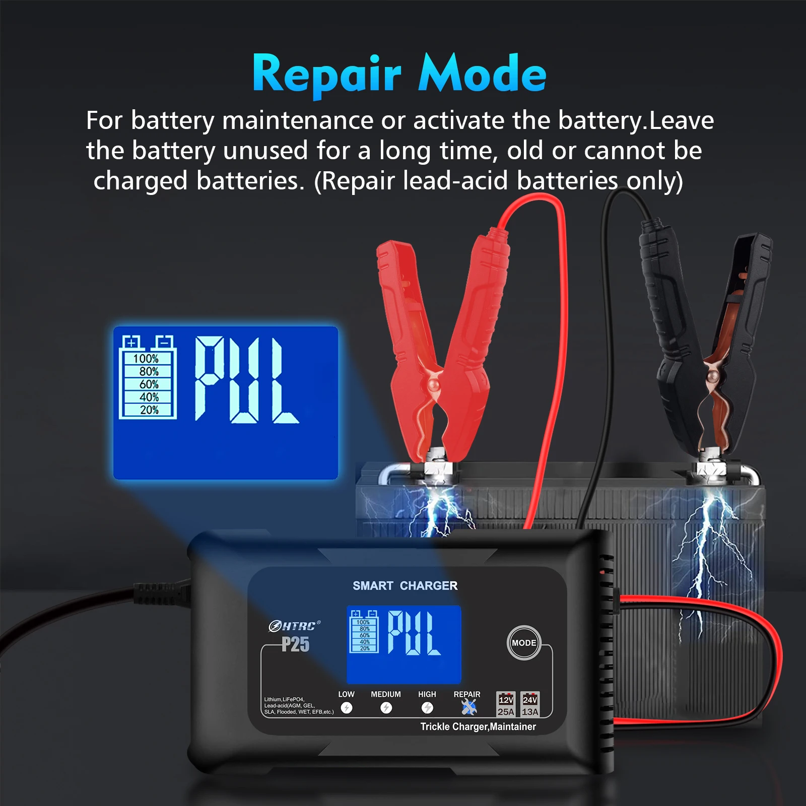 HTRC 20A/25A Car Battery Charger High Power Smart Charger for Lithium LiFePO4 AGM GEL Lead-acid Battery 12V 24V Charger for Car - 5