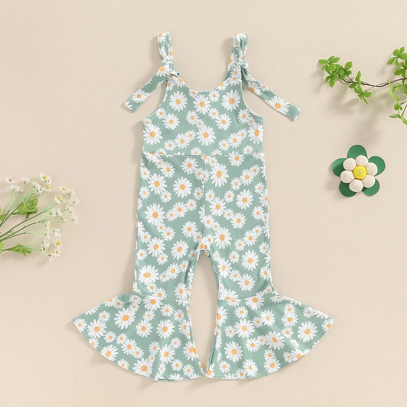 

2024-04-06 Lioraitiin 6M-3Y Toddler Girls Romper Jumpsuit Sleeveless Daisy Print Bell Bottom Overalls Kids Summer Clothes