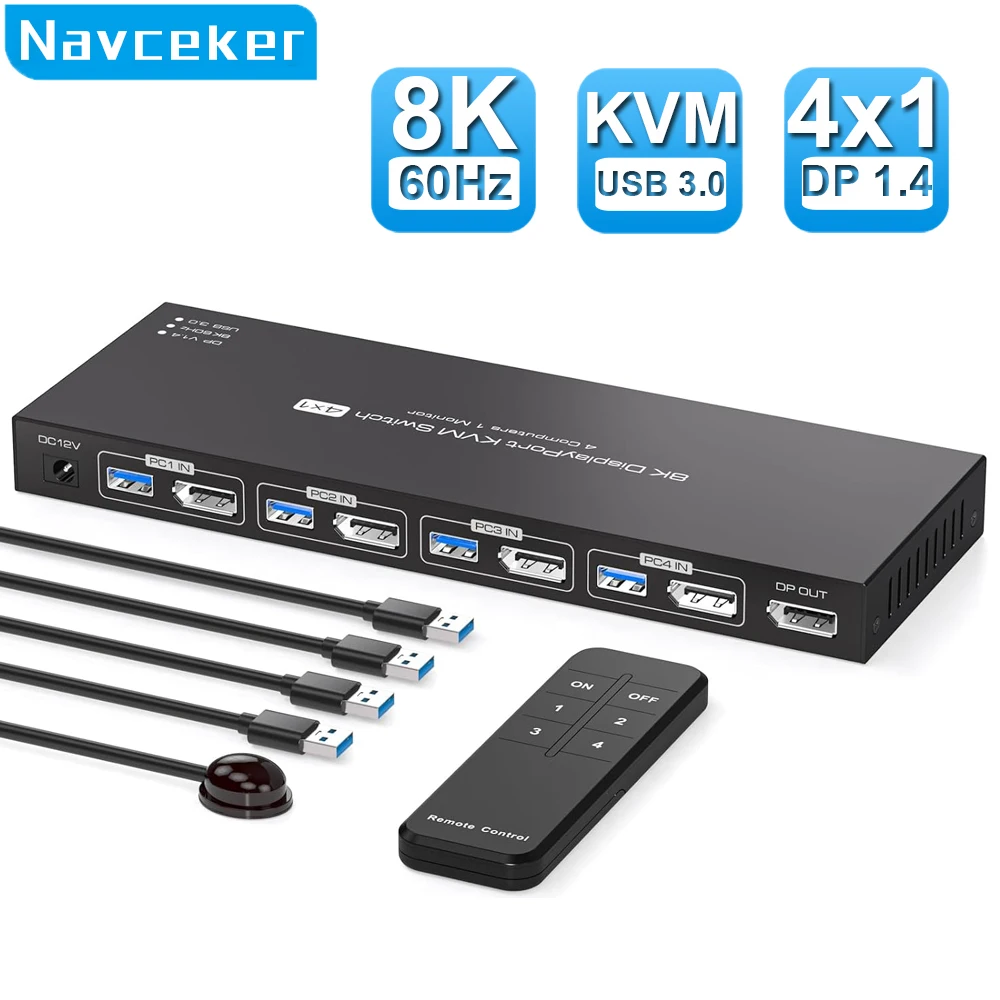 Navceker 8K Displayport KVM Switch hdmi kvm switch 1 Monitors 4 Computers 4K 144Hz 4x1 DP USB 3.0 KVM Switch for 4 PC Share Keyboard Mouse