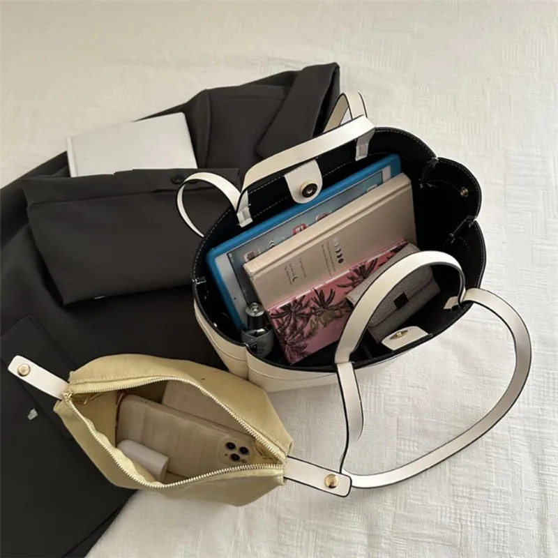 Solid Color Soft Leather Handbag Women Single Shoulder Tote Bag, Large Capacity Commuting Set Handbags Shopping Cross Body Bags