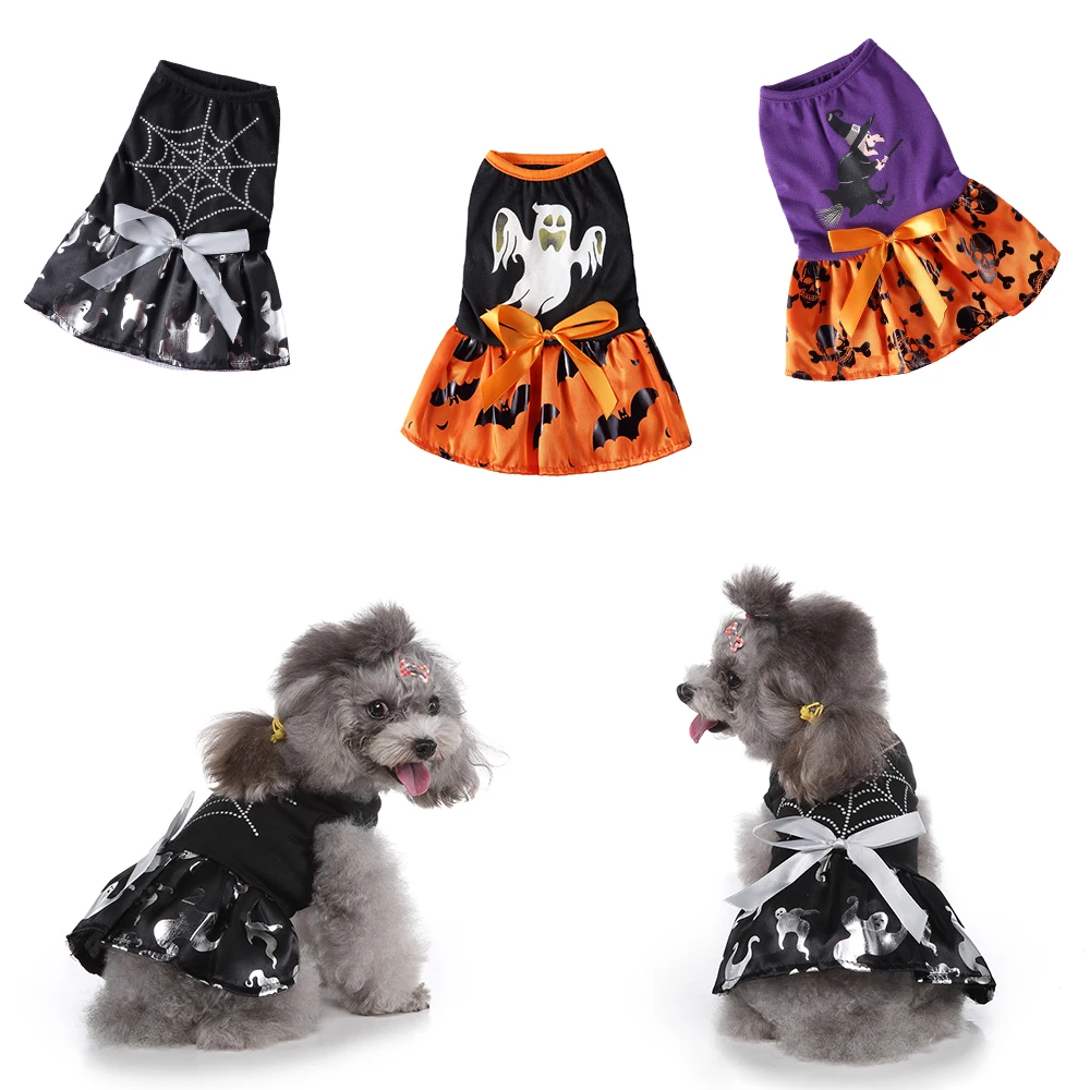 Pet Wizard Skull Dress Pet Halloween Spider Web Ghost Cosplay Costume Funny Cartoon Princess Dress Set For Small Medium Dogs