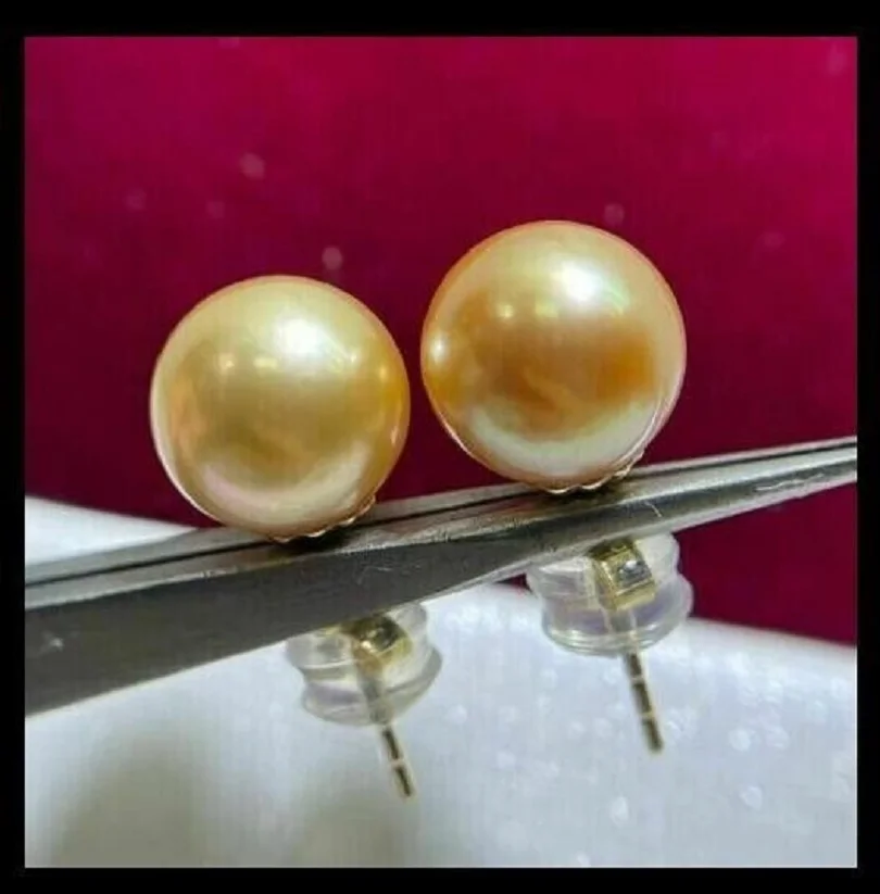 

Huge pair of AAAA 11-12mm real natural Round Golden South Sea Pearl Earrings 18K