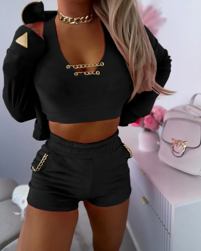 

Women's Sexy Chain Decor Crop Top & Pocket Design Shorts Set and Zipper Design Coat Summer New Fashion Women Short Pants Outfits