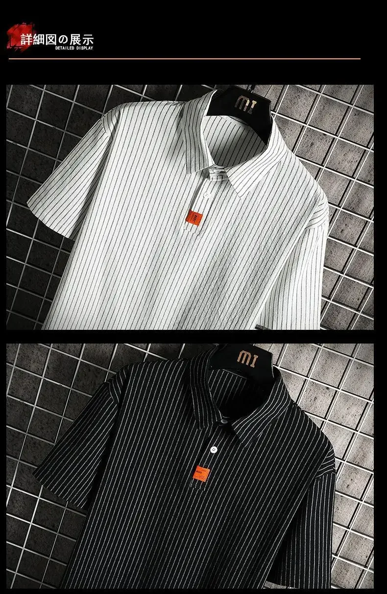 Men's Clothing Summer Vertical Striped Workwear Short Sleeve Polo Shirt Loose Fit American Retro Half Sleeve Top Solid Color 13 Sc4dc9a5b07aa4b60badd2174be4650cc5
