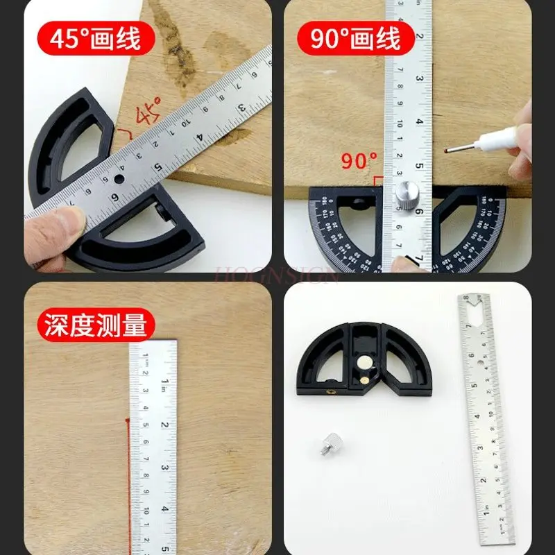 1pcs 다기능 각도자, 고정밀 각도기, 스테인레스 스틸 두꺼운 각도자, 목공 마킹 룰러