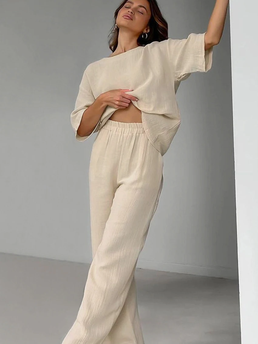 Marthaqiqi Cotton Women'S Sleepwear 2 Piece Set O-Neck Pajamas Half Sleeve Nightgowns Wide Leg Pants Casual Ladies Home Clothes