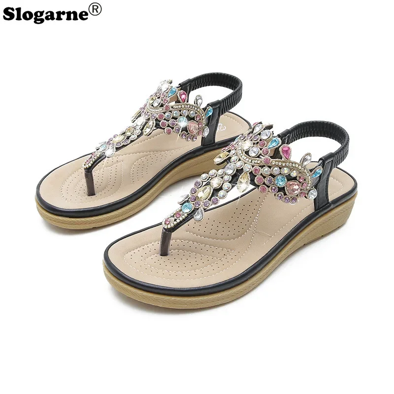 

2024 Summer New Women Flip Flops Fashion Faux Rhinestone Ladies Sandals Girls Roman Crystal Platform Elastic Band Casual Shoes