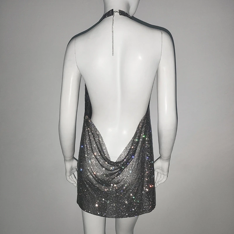Hohe Qualität Glänzende Vestidos Strass Frauen Diamant Kleider Sexy Metall Hängenden Hals Hohe Split Mode Mädchen Kurze Sparkle Kleid – Detail 13