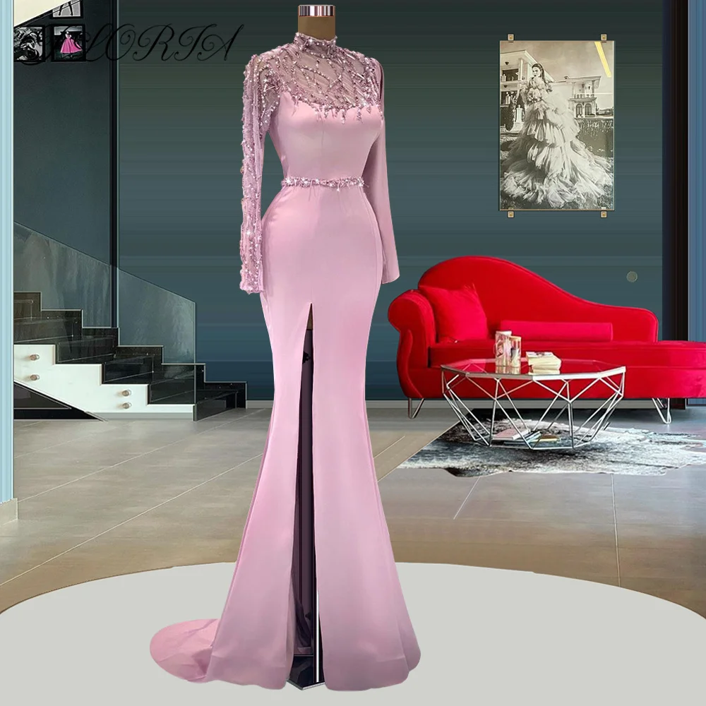 

Elegant Pink Mermaid Prom Dresses High Neck Long Sleeves Party Dress Satin Slit Long Evening Gown Vestido De Noche Plus Size