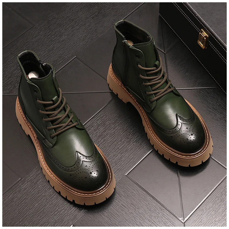 

brand designer men's fashion party nightclub wear platform boots trend genuine leather shoes handsome green ankle boot man botas