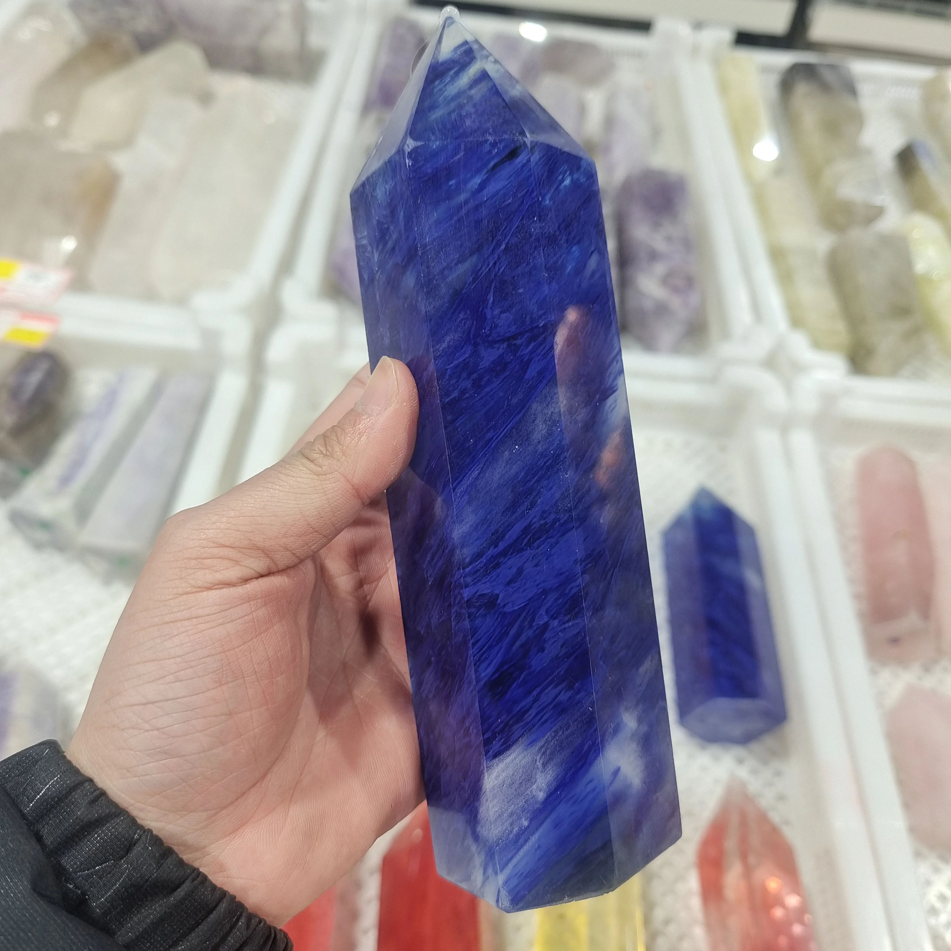 

800-1800g High yellow, blue, red Smelting Crystal Obelisk Quartz Point Home Decoration Specimen A pillar of good fortune 1pcs