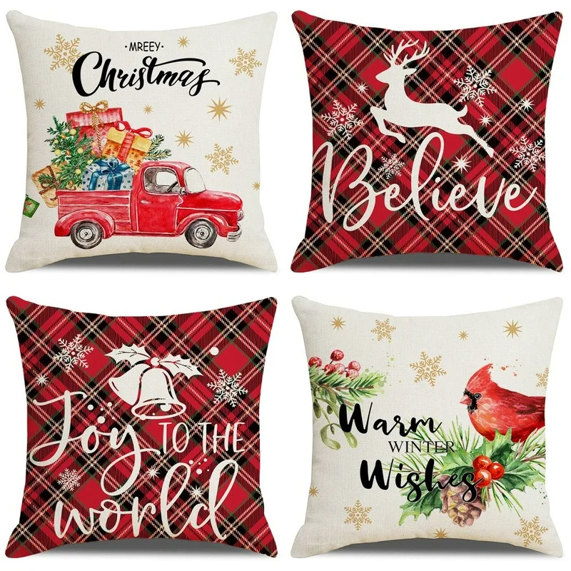 

Linen Red Scottish Plaid Christmas Cushions Case Reindeer Trees Snowflakes Print Christmas Decorative Pillows for Sofa Couch Bed