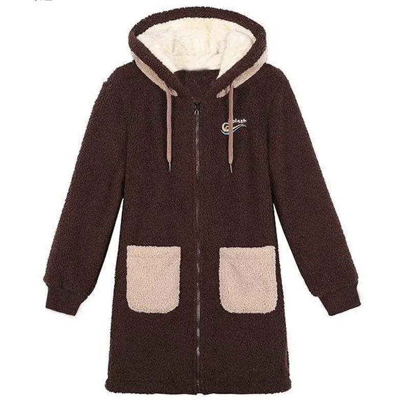Autumn Winter Mid-Length Hooded Coats with Pocket Autumn Winter Warm Casual Coats Sweatshirts New Plush Thick Lamb Velvet Jacket