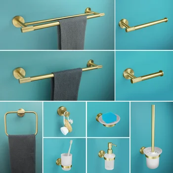 Brushed Gold Wall-Mounted Bathroom Accessories Set – Towel Bar, Ring & Paper Holder 1