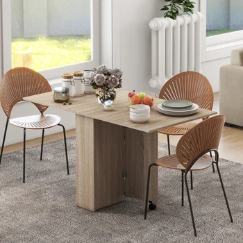 HOMCOM Mobile Drop Leaf Dining Table, Folding Desk with 2 Wheels, Natural