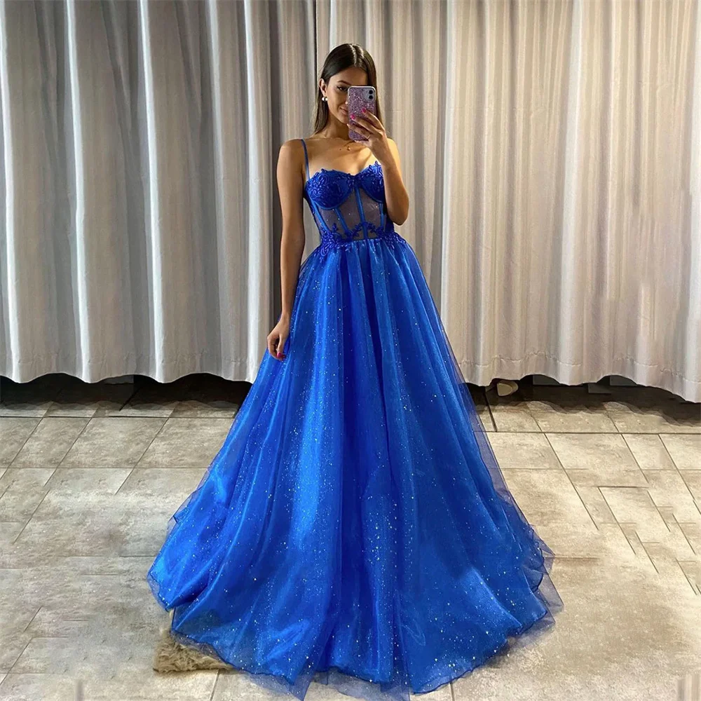 Lily Royal Blue Tulle Chic Abito Da Sera Donna Abito Con Spalline Sottili Abito Da Ballo Con Paillettes Glitter Abiti Da Notte Abito Robes De Soirée