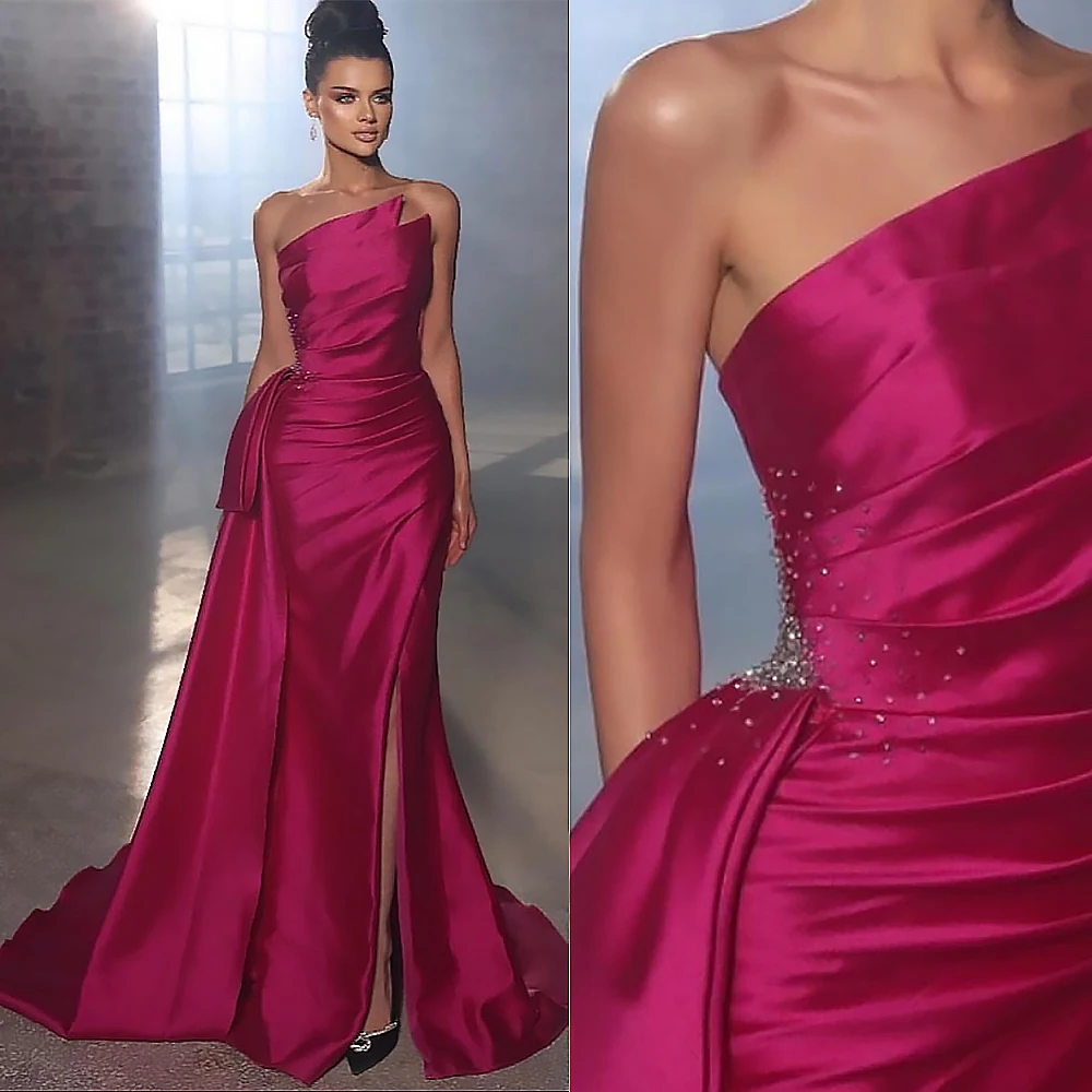 

Prom Dresses with Slit Elegant Strapless Mermaid Party Dress Floor Length Crystal Sleeveless Ruched Satin Formal Evening Gowns