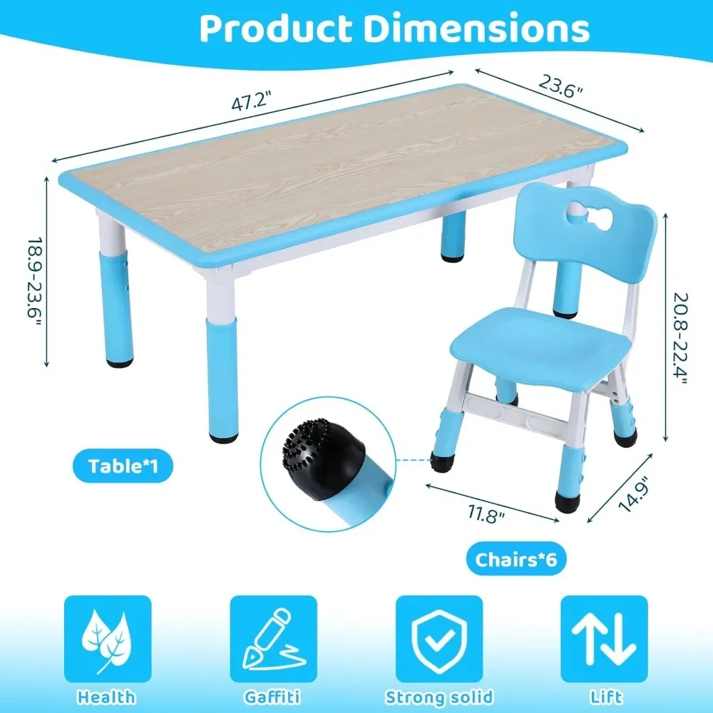 Kids Table and 6 Chairs Set, Height Adjustable Graffiti Table,Preschool Activity Art Craft Table,for Daycare Classroom Home Boys 4