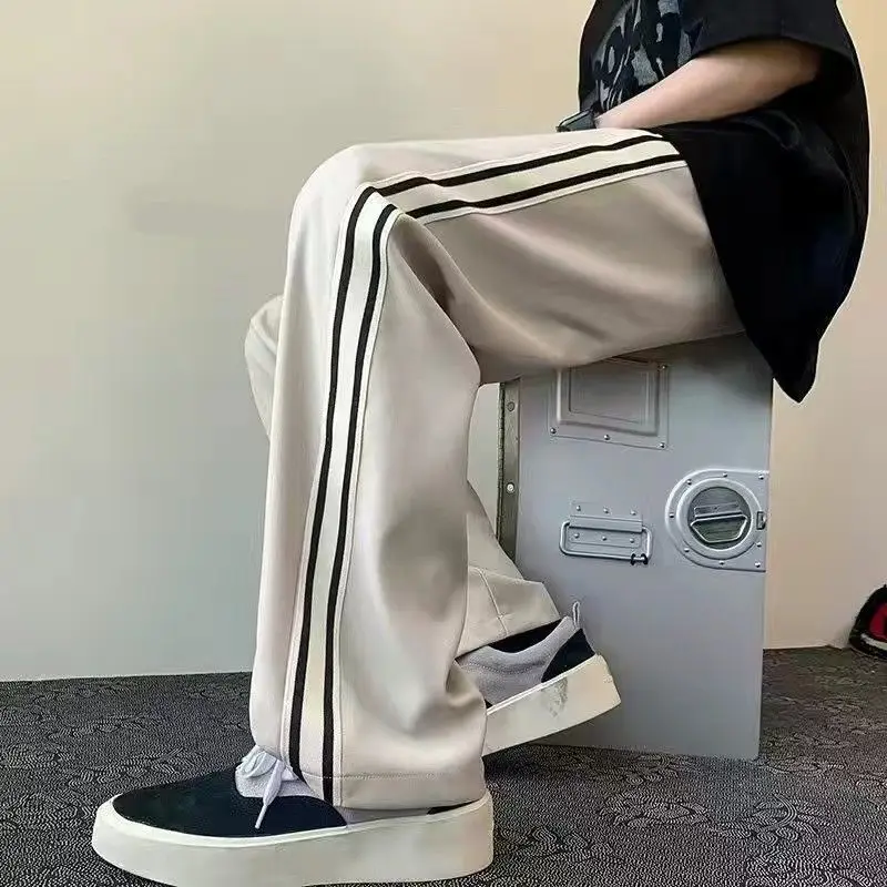 American street men and women trendy retro striped patchwork straight casual pants for spring and autumn loose wide leg pants