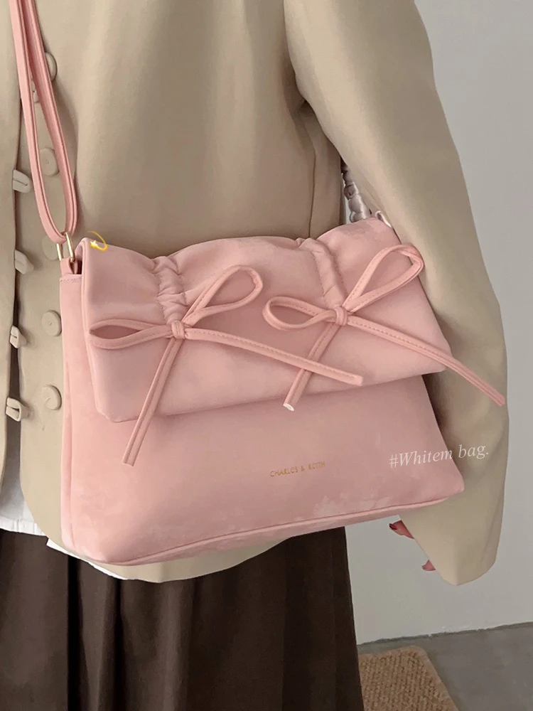 Sweet Bow Pink Bag For Women New Trendy Female Square One Shoulder Crossbody Bags Large Capacity Commuting Student Tote Package