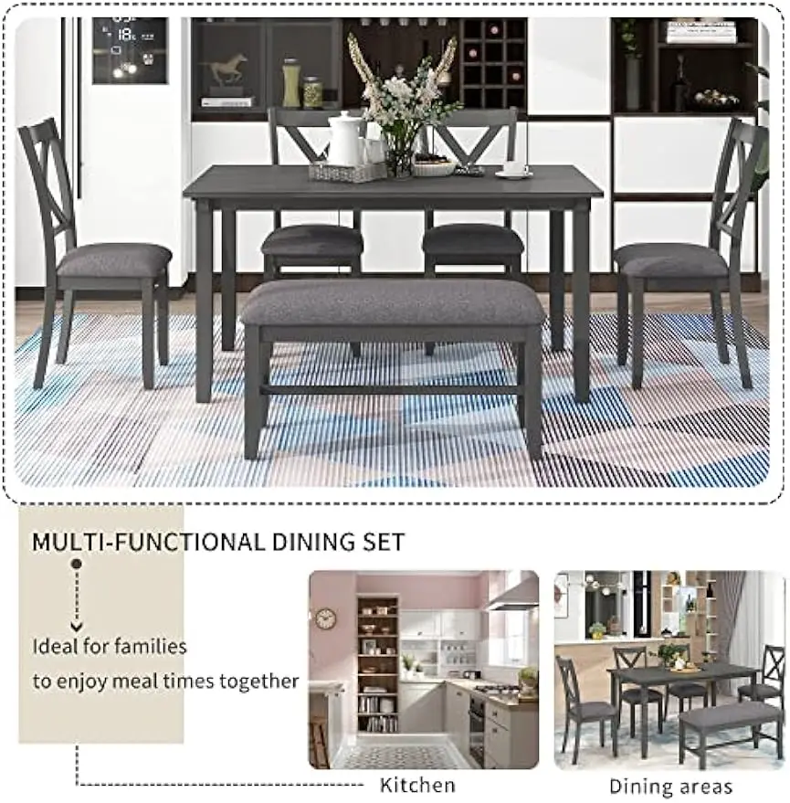 Description Picture 4 of item6 Piece Dining Table Set, Wood Dining Dinette Table and 4 Chairs with 1 Bench with Cushion, Rustic Style Kitchen, Dining Tables