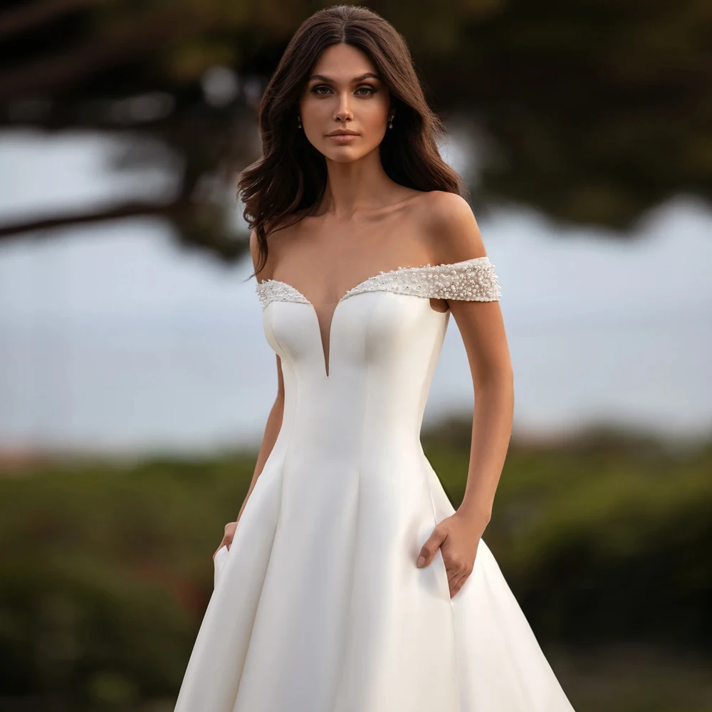 Simple Strapless Wedding Dresses Off The Shoulder Beads V Neck Bridal Grown Floor Length Satin A Line Vestidos De Novia 2024 3