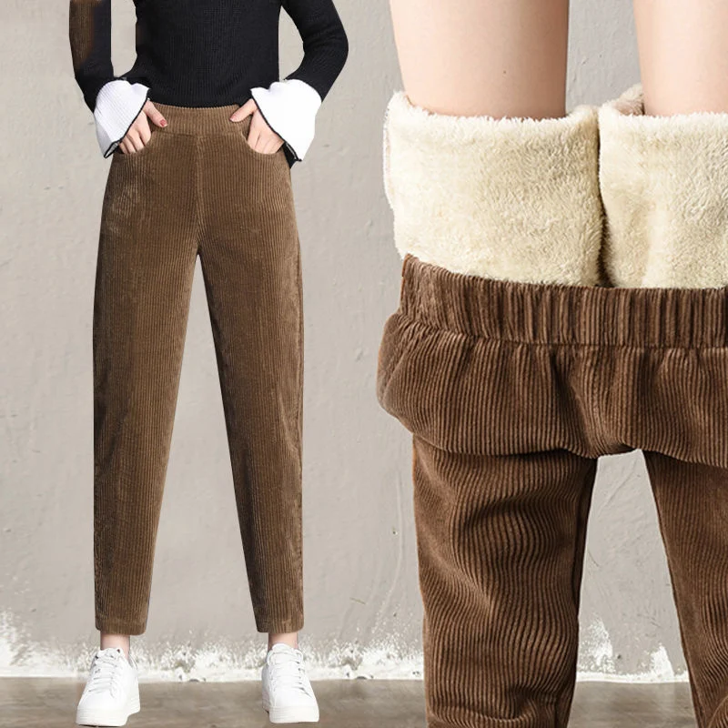 Winter Women Vintage Corduroy High Waist Casual Streetwear Harem Pants Solid Plush Thicken Warm Female Trousers Pantalones Mujer
